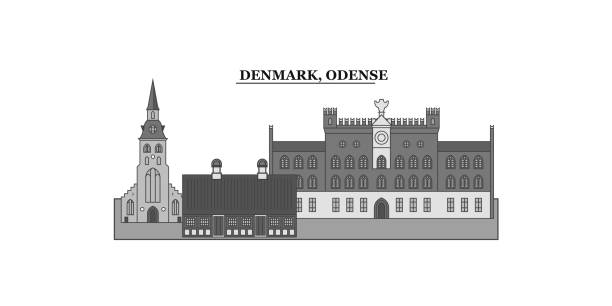 Denmark, Odense city skyline isolated vector illustration, icons Denmark, Odense city isolated skyline vector illustration, travel landmark aalborg stock illustrations