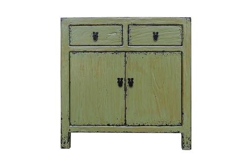Green rustic double cabinet two draws and two doors. Classic furniture. Vintage interiors. Chinese style.