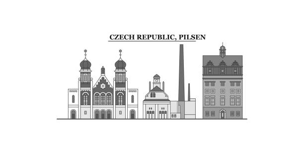 czechy, panorama pilzna izolowana ilustracja wektorowa, ikony - india capital cities new delhi map stock illustrations