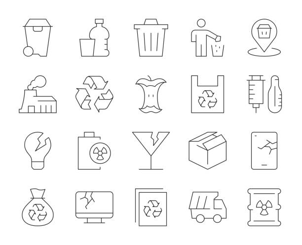 müll - symbole für dünne linien - computer icon symbol water bottle icon set stock-grafiken, -clipart, -cartoons und -symbole