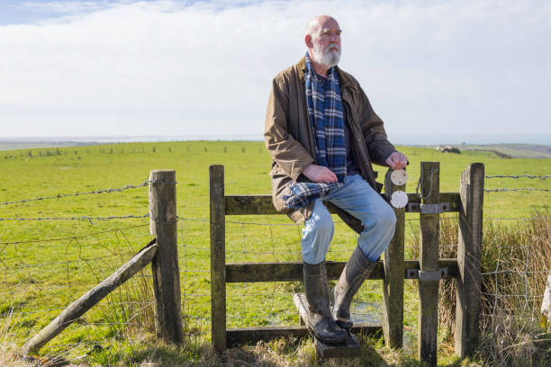 Elderly man resting during a countryside walk Bearded man in his 70s sitting on a stile in the Winter countryside in Wales, with the sea just visible in the far background. life stile stock pictures, royalty-free photos & images