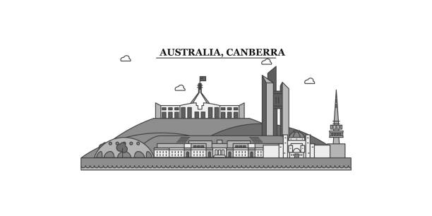 ilustraciones, imágenes clip art, dibujos animados e iconos de stock de australia, ilustración vectorial aislada del horizonte de la ciudad de canberra, iconos - canberra australian culture government australia