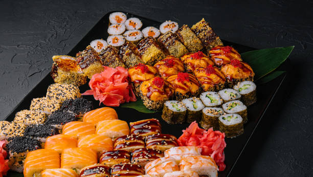 istock Sushi set on the black plate 1474130755