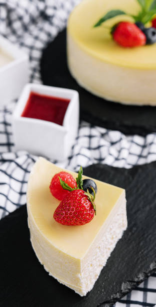istock Fresh strawberry cheesecake on black tray 1474131601