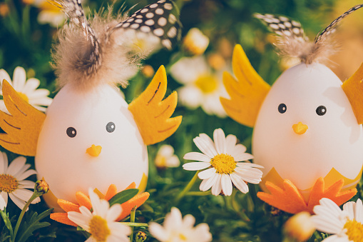 Close up of two sweet handmade Easter eggs in retro look as a cute cockerel in a bloomy garden. Creative color editing with added grain. Object is decoration mass product. Very soft and selective focus. Part of a series.