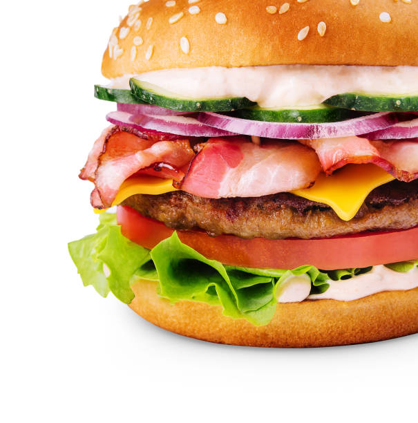 istock Delicious burger with bacon on white background 1474131907