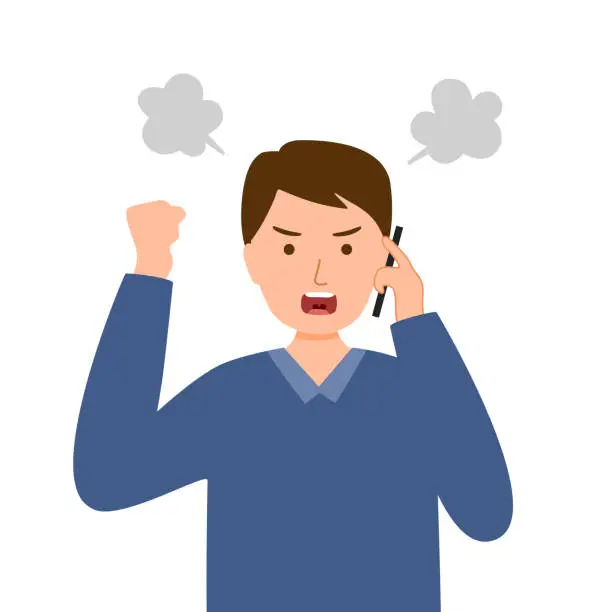 Vector illustration of Angry man on phone in flat design. Guy upset speaking on mobile.