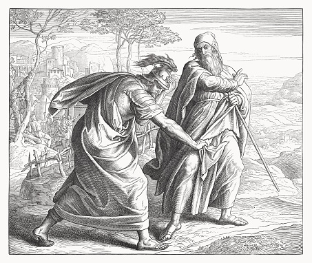 Saul is rejected by God for his disobedience (1 Samuel 15, 27 - 28). Wood engraving by Julius Schnorr von Carolsfeld (German painter, 1794 - 1872), published in 1860.