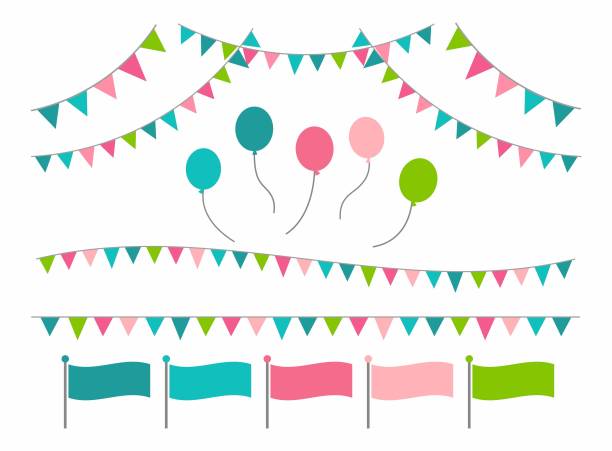 A set of garlands that are indispensable for events A set of colorful garlands, balloons and flags trigone stock illustrations