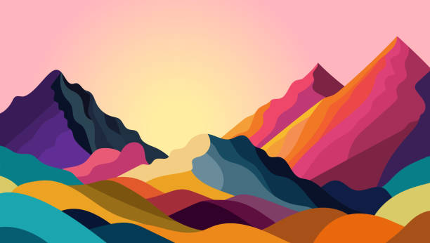 Paisagem colorida com montanhas coloridas - ilustração de arte em vetor