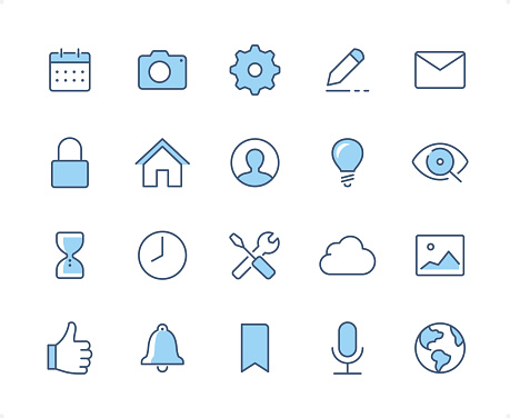 Homepage icons set #56

Specification: 20 icons, 64×64 pх, EDITABLE stroke weight! Current stroke 2 px.

Features: Pixel Perfect, Dichromatic style.

First row of  icons contains:
Calendar, Camera, Gear, Editor, E-Mail;

Second row contains: 
Padlock, Homepage, Avatar, Light Bulb, Focus Concept;

Third row contains: 
Hourglass, Clock, Settings, Cloud, Photo;

Fourth row contains: 
Thumbs Up, Notifications, Bookmark, Microphone, Globe. 

Check out the complete duocolor Prolinico Blue collection — https://www.istockphoto.com/collaboration/boards/_a-Cj-vICEGsbZqV9B7k2w