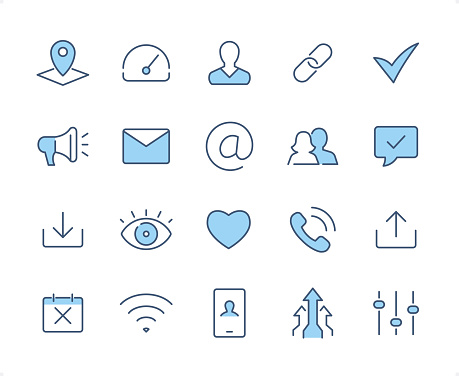 Contacts icons set #57

Specification: 20 icons, 64×64 pх, EDITABLE stroke weight! Current stroke 2 px.

Features: Pixel Perfect, Dichromatic style.

First row of  icons contains:
Map, Speedometer, User, Lock, Check Mark;

Second row contains: 
Megaphone, Envelope, E-Mail, Friendship, Speech Bubble;

Third row contains: 
Inbox, Eye, Love, Call, Outbox; 

Fourth row contains: 
Calendar, Wireless Technology, Mobile Phone, Growing Arrows, Equalizer.

Check out the complete duocolor Prolinico Blue collection — https://www.istockphoto.com/collaboration/boards/_a-Cj-vICEGsbZqV9B7k2w
