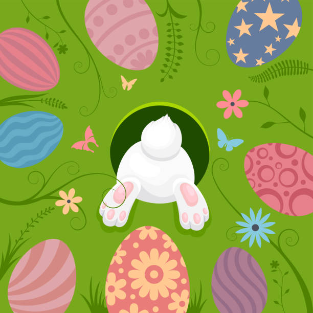 baner wesołych świąt wielkanocnych, plakat, kartka z życzeniami. zajączek wielkanocny i ulotka z jajkami. - easter egg easter egg hunt multi colored bright stock illustrations