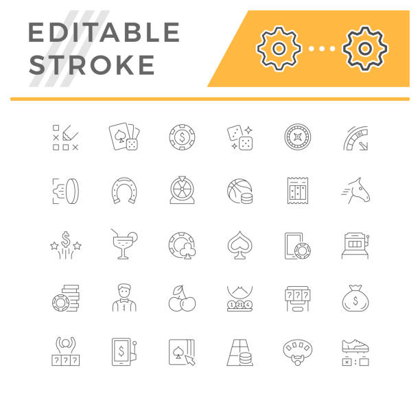 Set line icons of gambling Set line icons of gambling isolated on white. Lottery, online poker, game of chance, luck or fortune, lottery, winner, croupier, jackpot. Editable stroke. Vector illustration fortune telling machine stock illustrations