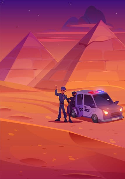 illustrazioni stock, clip art, cartoni animati e icone di tendenza di poliziotto cattura ladro nel deserto in egitto - egypt cairo pyramid sunset