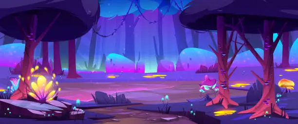 Vector illustration of Magic forest landscape at night