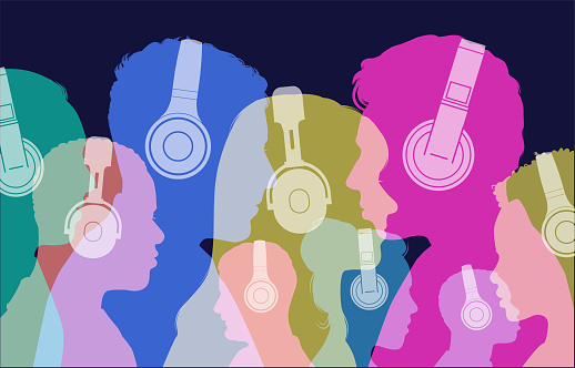 Colourful overlapping silhouettes of head profiles with earphones and headphones. headphones, earphones, headset, technology, stereo, audio equipment, music, radio, entertainment,