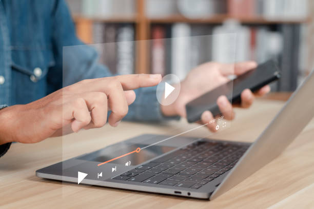 istock Live digital streaming multimedia player. Man watching live stream with online live stream window. 1474138140