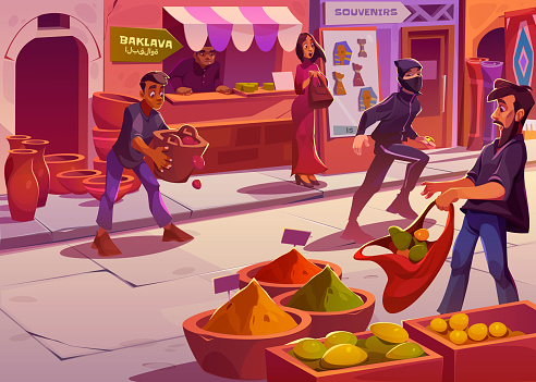 Scene on arabic market with thief run off, scared woman and man drops fruits from basket on road. Egyptian bazaar with surprised people and guy in mask with gold ring, vector cartoon illustration
