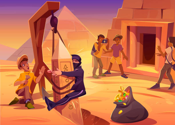 illustrazioni stock, clip art, cartoni animati e icone di tendenza di ladro scappare dalla piramide e schiantarsi contro l'obelisco - egypt cairo pyramid sunset
