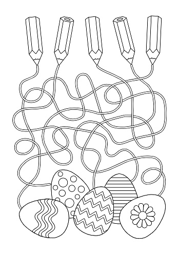 Vector coloring book page. Labyrinth game for children, find the right way to Easter eggs