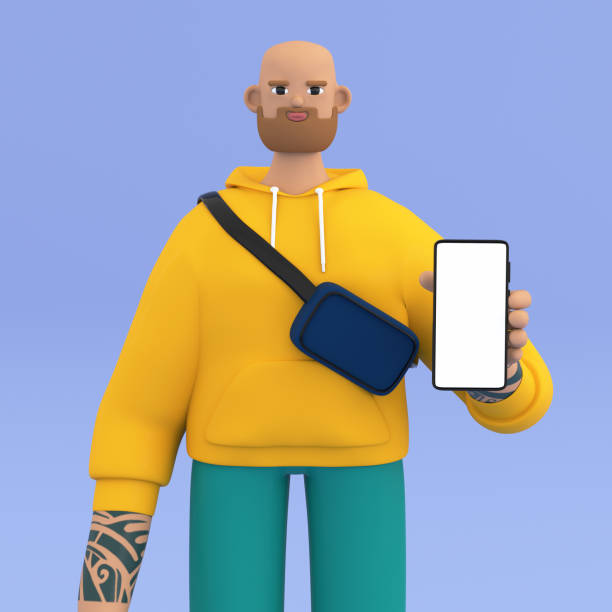 istock Handsome beard man holding smartphone. Empty blank, mobile phone mockup concept. 3d render illustration isolated on white background 1474140719