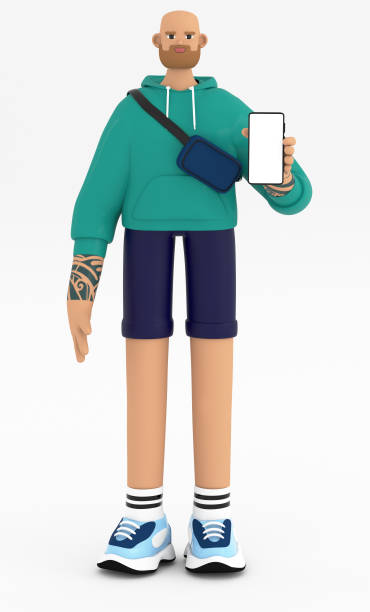 Male character holding smartphone. Empty blank, mobile phone mockup concept. 3d render illustration isolated on white background