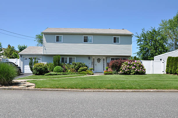 Suburban High Ranch Home in Residential Neighborhood stock photo