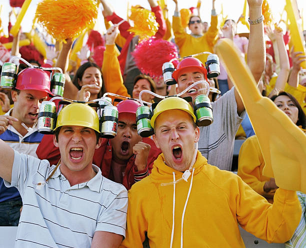 istock Group of young men wearing drinking helmets, cheering in crowd 147414829