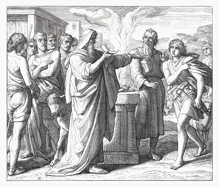 Samuel anoints David as king (1 Samuel 16, 11 - 12). Wood engraving by Julius Schnorr von Carolsfeld (German painter, 1794 - 1872), published in 1860.