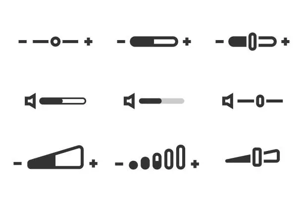 Vector illustration of Sound or Volume Level Bar Icon Set. Volume Knob Bar Set Vector Design on White Background.