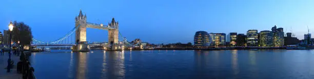 Tower Bridge and the Thames panoramic view about London at night
