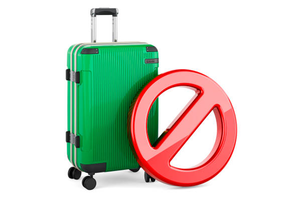 Luggage with forbidden symbol, 3D rendering isolated on white background