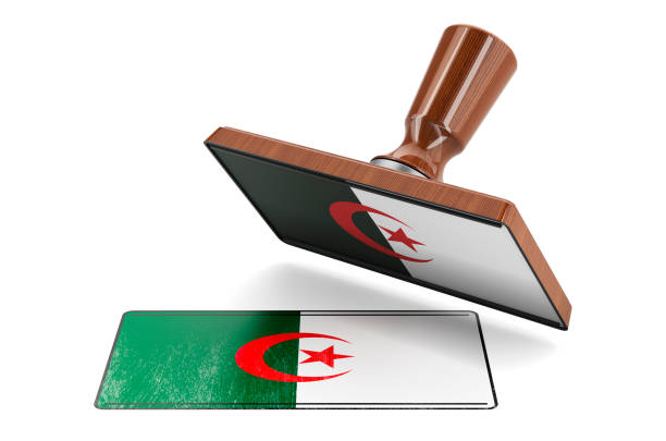 Wooden stamper, seal with Algerian flag, 3D rendering isolated on white background