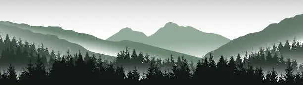 Vector illustration of Adventure outdoor camping  hiking climbing wildlife background - Green silhouette of misty fog mountains peak rock and forest woods fir spruce trees, realistic landscape panorama illustration icon vector