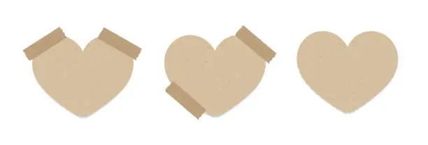 Vector illustration of Vintage heart shape brown paper note set. Valentines day theme memo paper with adhesive tape.