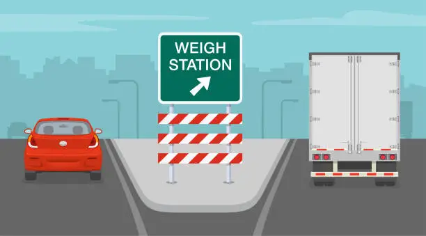 Vector illustration of Traffic regulation rules. Weigh station road sign. Back view of a traffic flow on highway.