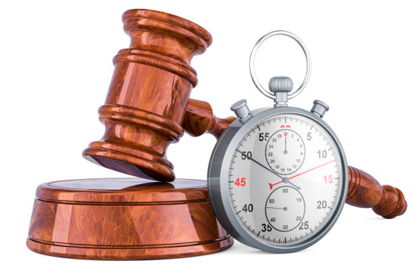 istock Wooden Gavel with stopwatch. 3D rendering 1474154613