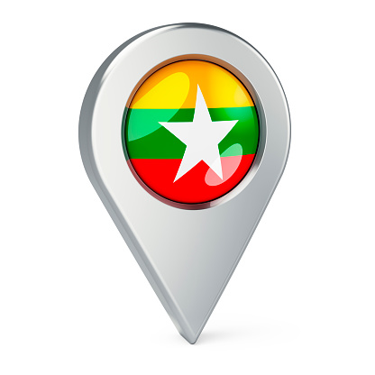 Map pointer with flag of Myanmar, 3D rendering isolated on white background