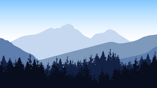 Adventure outdoor camping  hiking climbing wildlife background - Green silhouette of misty fog mountains peak rock and forest woods fir spruce trees, realistic landscape panorama illustration icon vector