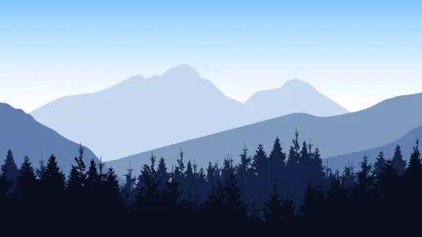 Vector illustration of Adventure outdoor camping  hiking climbing wildlife background - Green silhouette of misty fog mountains peak rock and forest woods fir spruce trees, realistic landscape panorama illustration icon vector