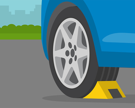 Driving rules and tips. Close-up view of wheel stopper or chocks. Flat vector illustration template.