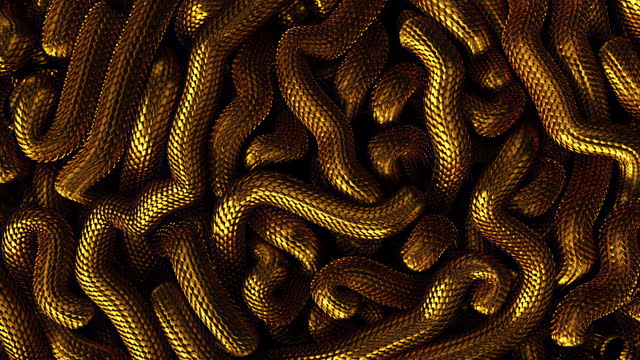 Metal texture dragon scales background. Lively coiled golden snakes. 3D abstract background of intertlaced serpents. Close-up of reptile in motion.