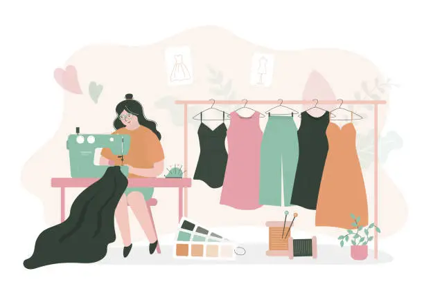 Vector illustration of Woman designer sews fashionable clothes. Female seamstress uses sewing machine to make stylish clothes. Workplace of seamstress, tailor. Local, small business. Hanger with various clothes.