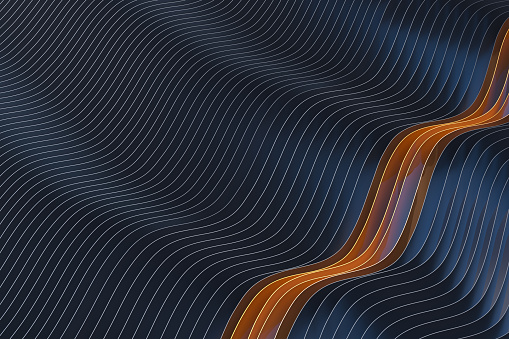 Abstract flying S-shaped lines on dark blue background with copy space. Digitaly generated image.