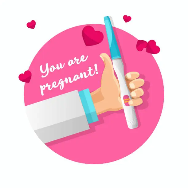 Vector illustration of Concept of female reproductive system and pregnancy planning in flat style. The doctor's hand holds a positive pregnancy test with two strips on a colored background with hearts.