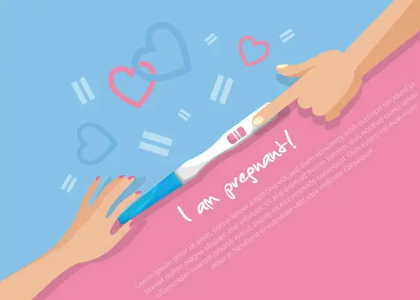 Vector illustration of Concept of female reproductive system and pregnancy planning in flat style. The hands of a married couple hold a positive pregnancy test with two stripes on a colored background with hearts and space for text.