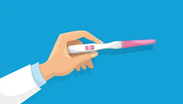 Vector illustration of Concept of female reproductive system and pregnancy planning in flat style. The doctor's hand holds a positive pregnancy test with two strips on a colored background.