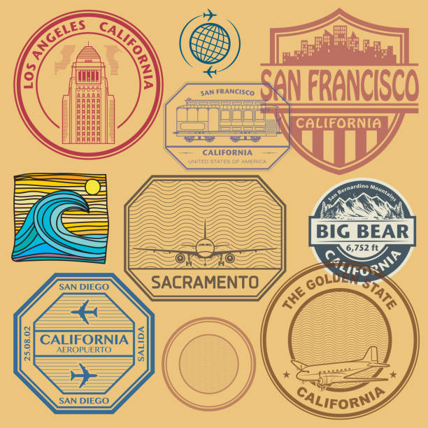 ilustrações, clipart, desenhos animados e ícones de selos abstratos ou emblemas definidos com o nome da califórnia - label travel san diego california california