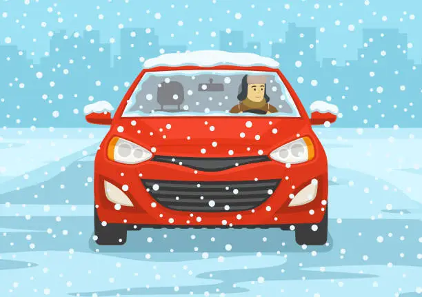 Vector illustration of Young man driving a red mini car on a snowy city road. Front view.